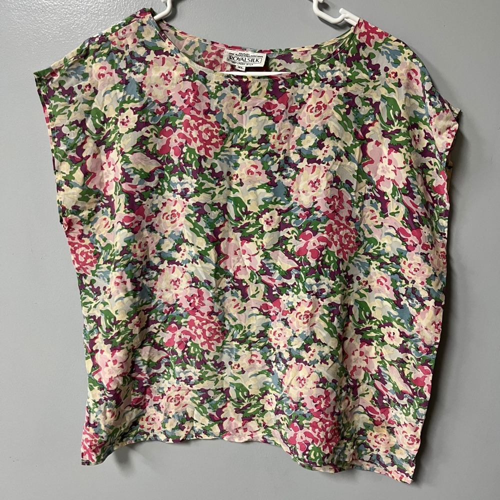 Royal Silk Floral Blouse XL Pink Purple 100% Pure Silk Short Sleeve Top Vintage